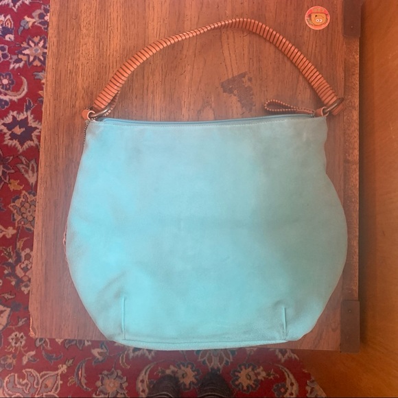 Fossil Teal Suede Handbag with Wooden Handle - Picture 1 of 6